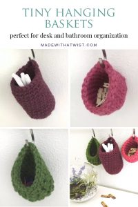 A photo of three small hanging baskets - a crochet pattern to make them