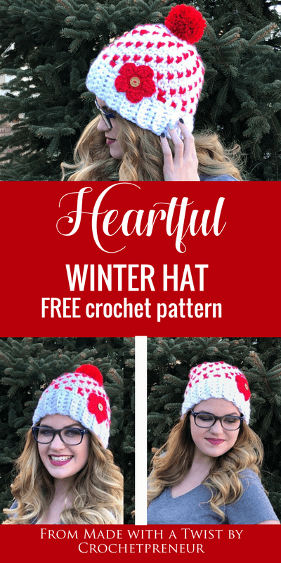 FREE CROCHET PATTERN | Heartful Winter Hat | super bulky yarn makes this so warm and the swirls of hearts make it a sweet hat for all ages! #freecrochetprattern #freepattern #crochetpattern #hearthat #valentinesday #hearthatpattern #valentinesdaycrochetpattern
