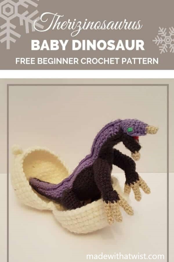 Pinterest graphic for Therizinosaurus Baby Dinosaur FREE Beginner Crochet Pattern with a sample photo of the animal on its egg