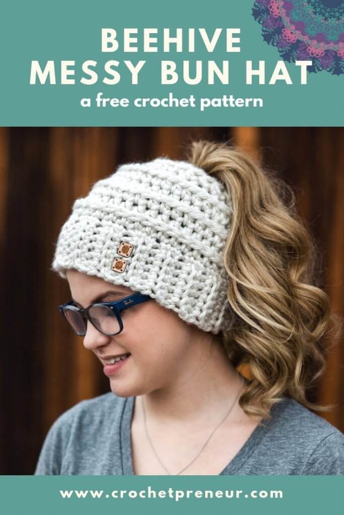 Pinterest image of a blonde girl wearing a beige Beehive Messy Bun Hat from made with a twist