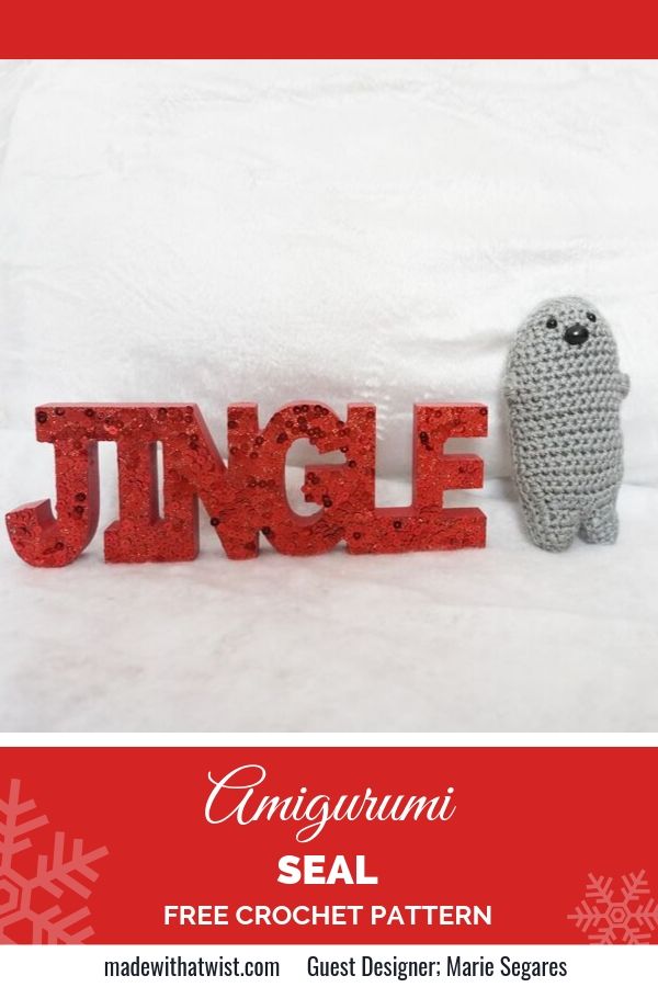 Pinterest image with a sample of Amigurimi Seal beside the word JINGLE with white background