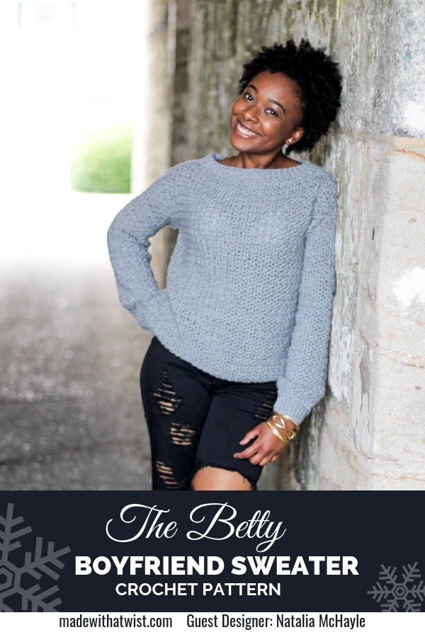Pinterest image of Talia wearing her sweater from the betty boyfriend sweater crochet pattern