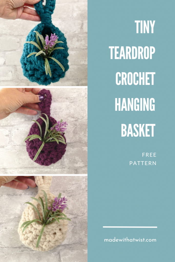 Tiny crochet hanging baskets in teal, eggplant, and cream. Text reads: Tiny teardrop crochet hanging basket. Free pattern.