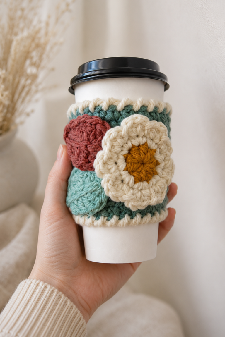 Scrappy Autumn Cup Cozy: Free Crochet Pattern with Flower and Leaves
